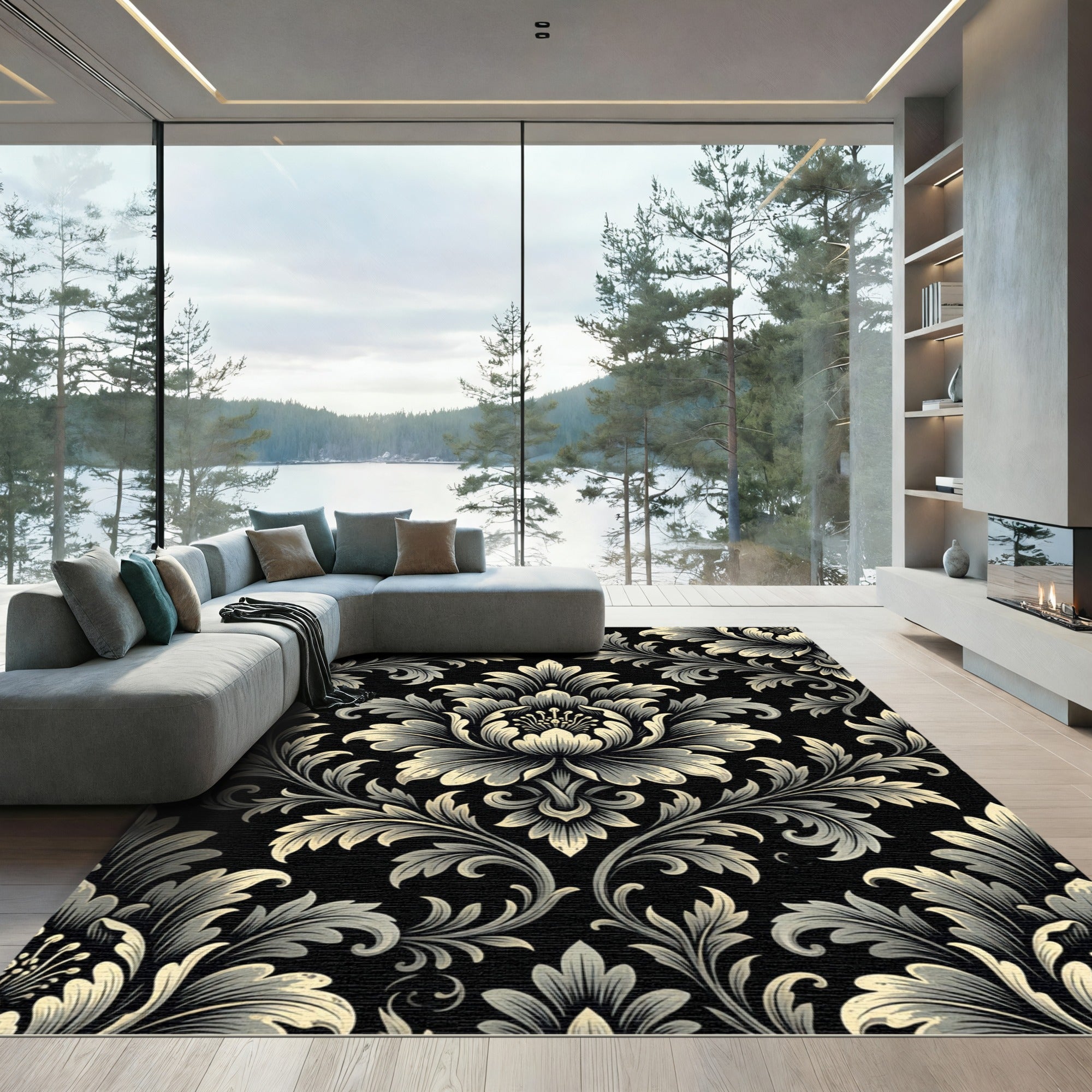 Elegant Black Floral Scroll Damask Rug