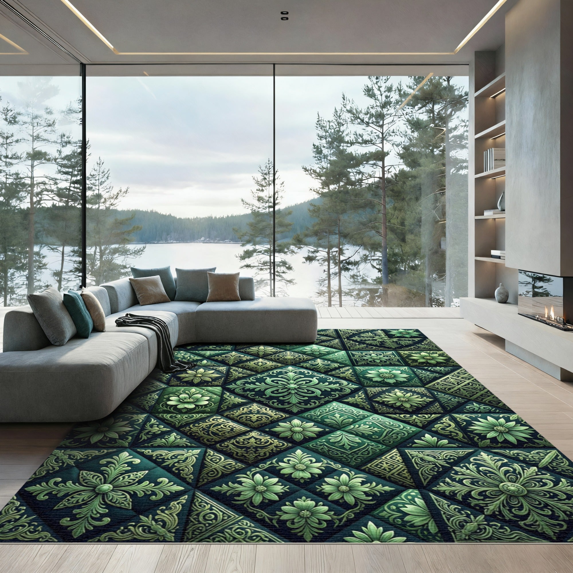 Emerald Green Ornate Floral Tile Rug
