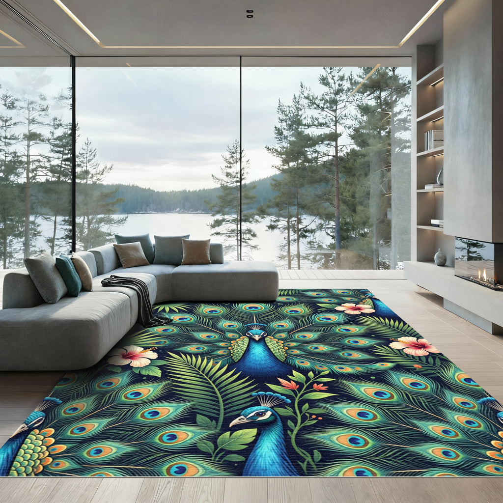 Vibrant Tropical Peacock Feather Floral Art Rug
