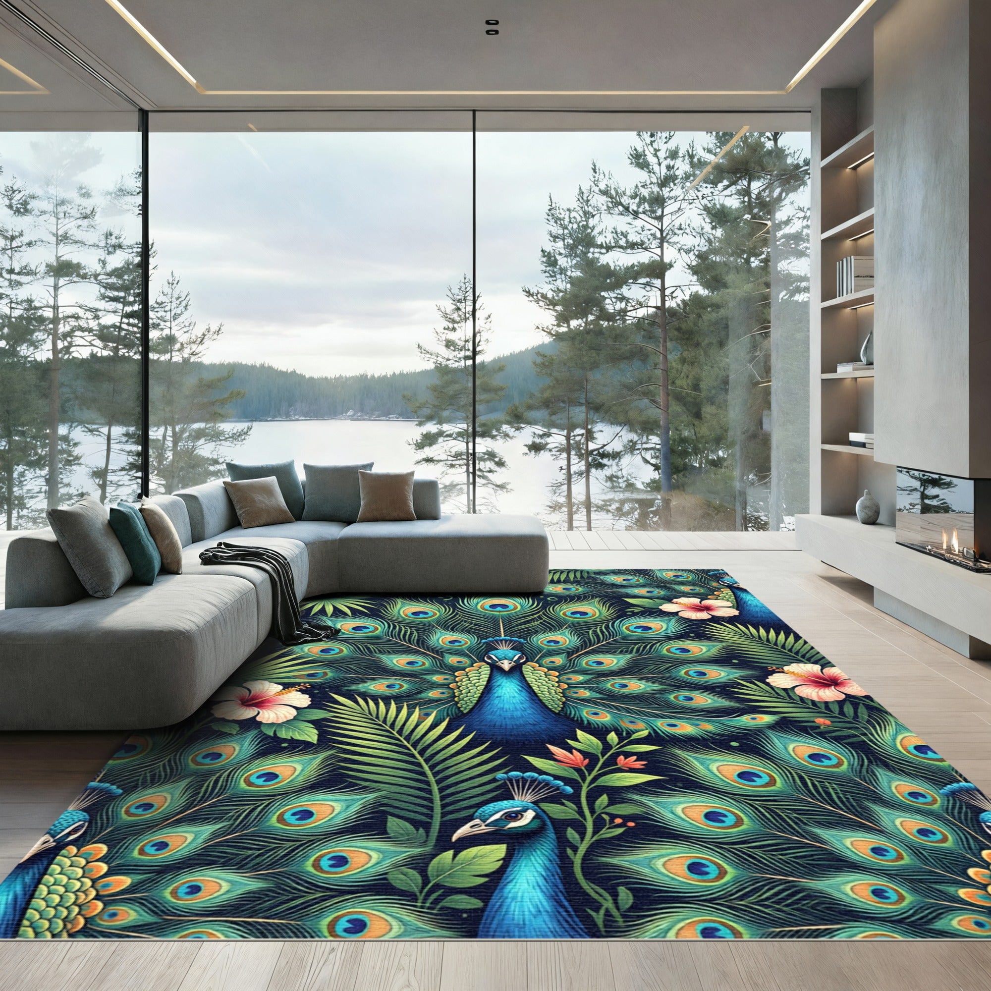 Vibrant Tropical Peacock Feather Floral Art Rug