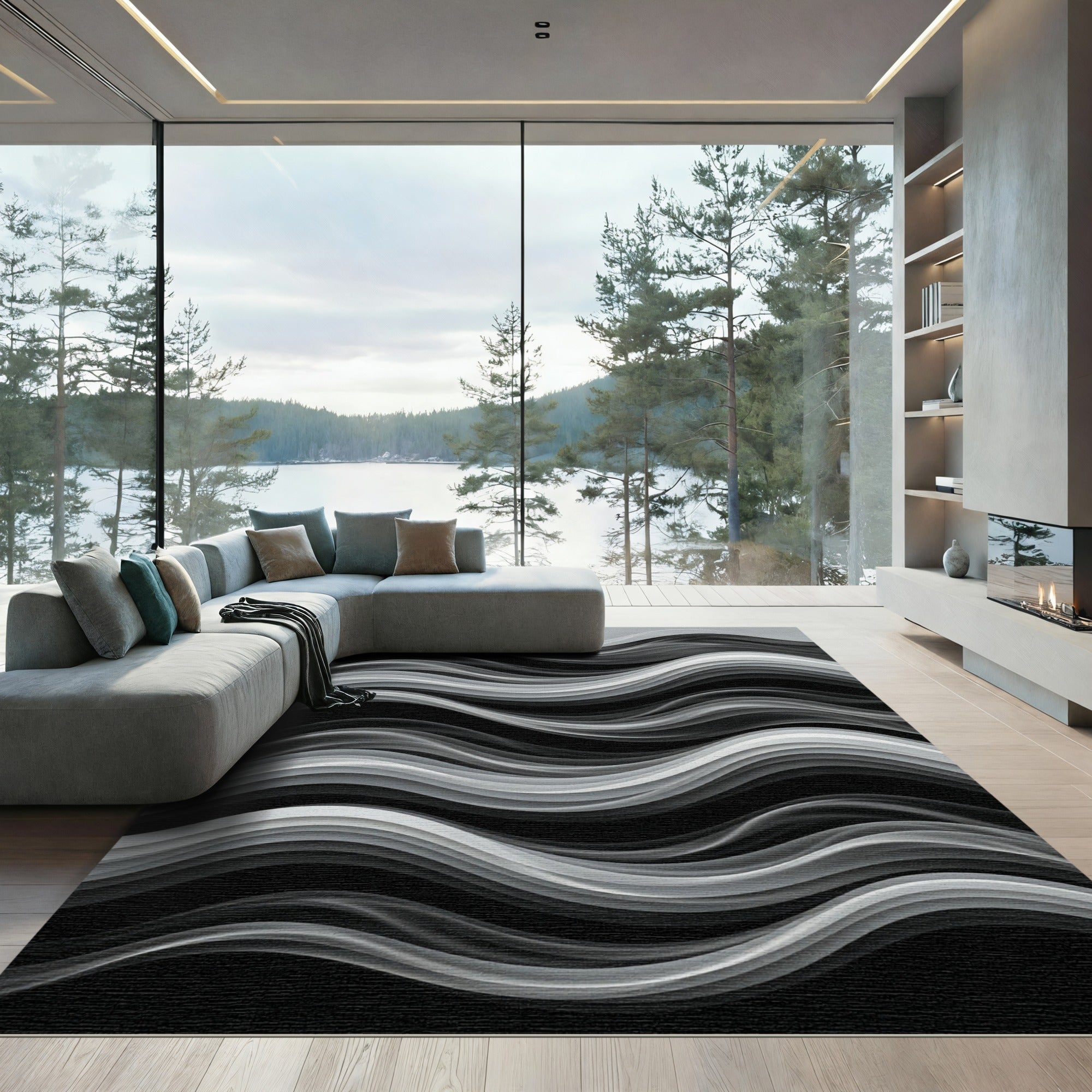 Abstract Monochrome Flowing Wave Rug