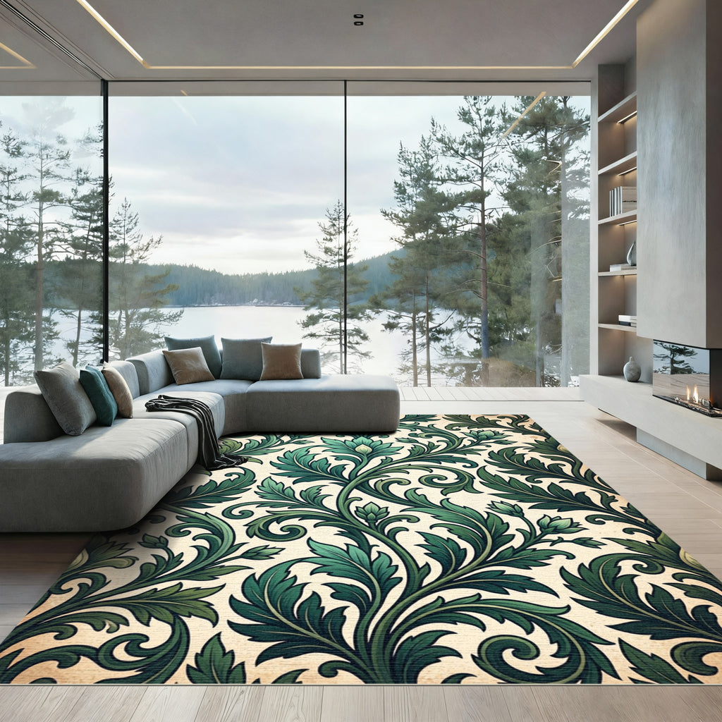 Emerald Foliage Scrollwork Botanical Vine Rug