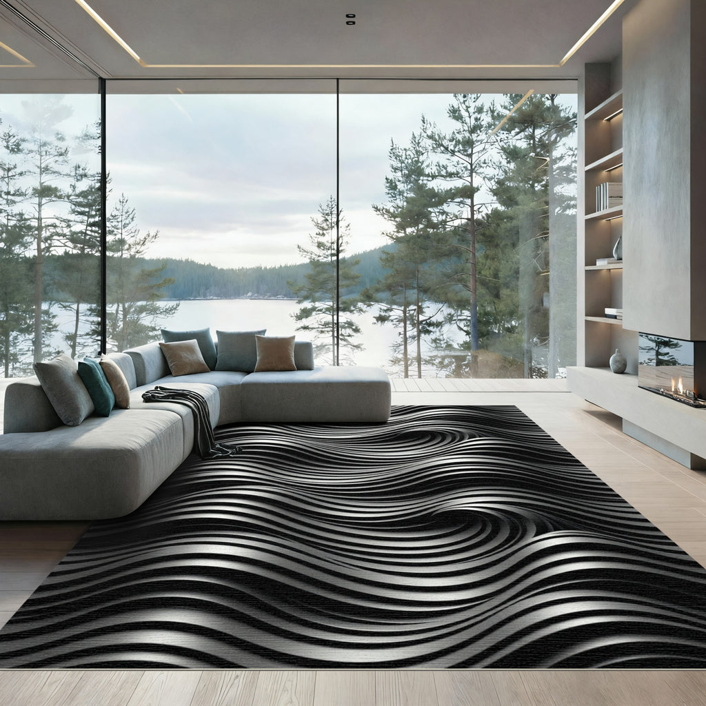 Monochromatic Silver Swirl Wave Rug