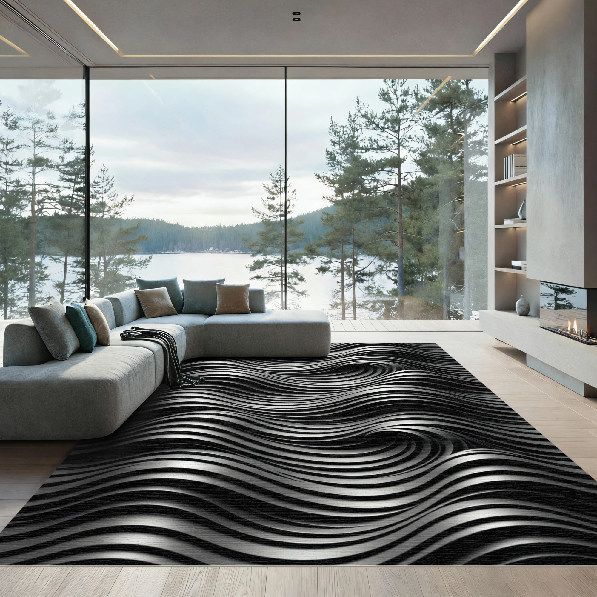 Monochromatic Silver Swirl Wave Rug