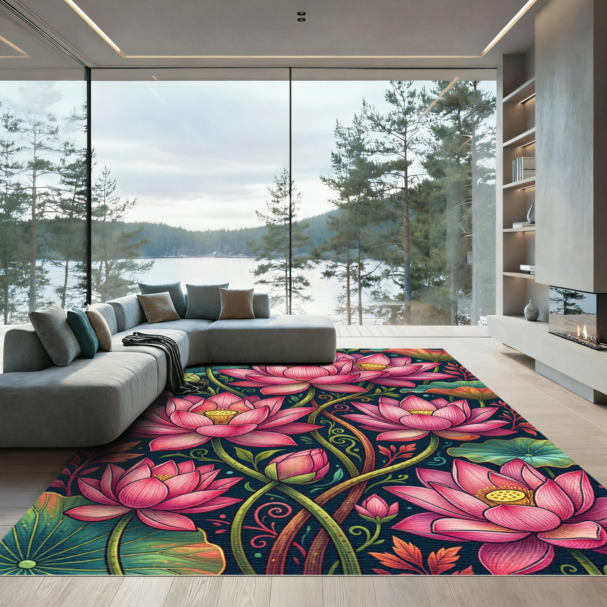 Vibrant Pink Lotus Floral Art Rug