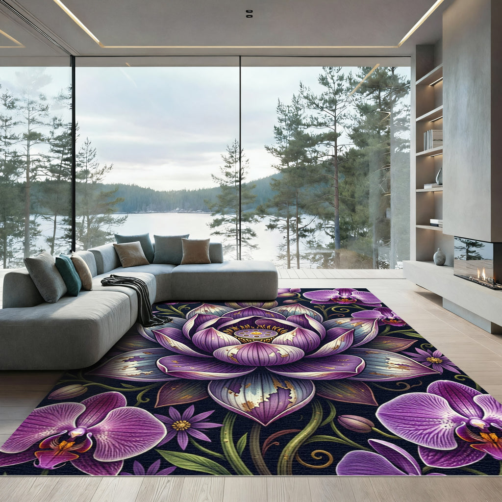 Orchid and Lotus Botanical Purple Art Rug