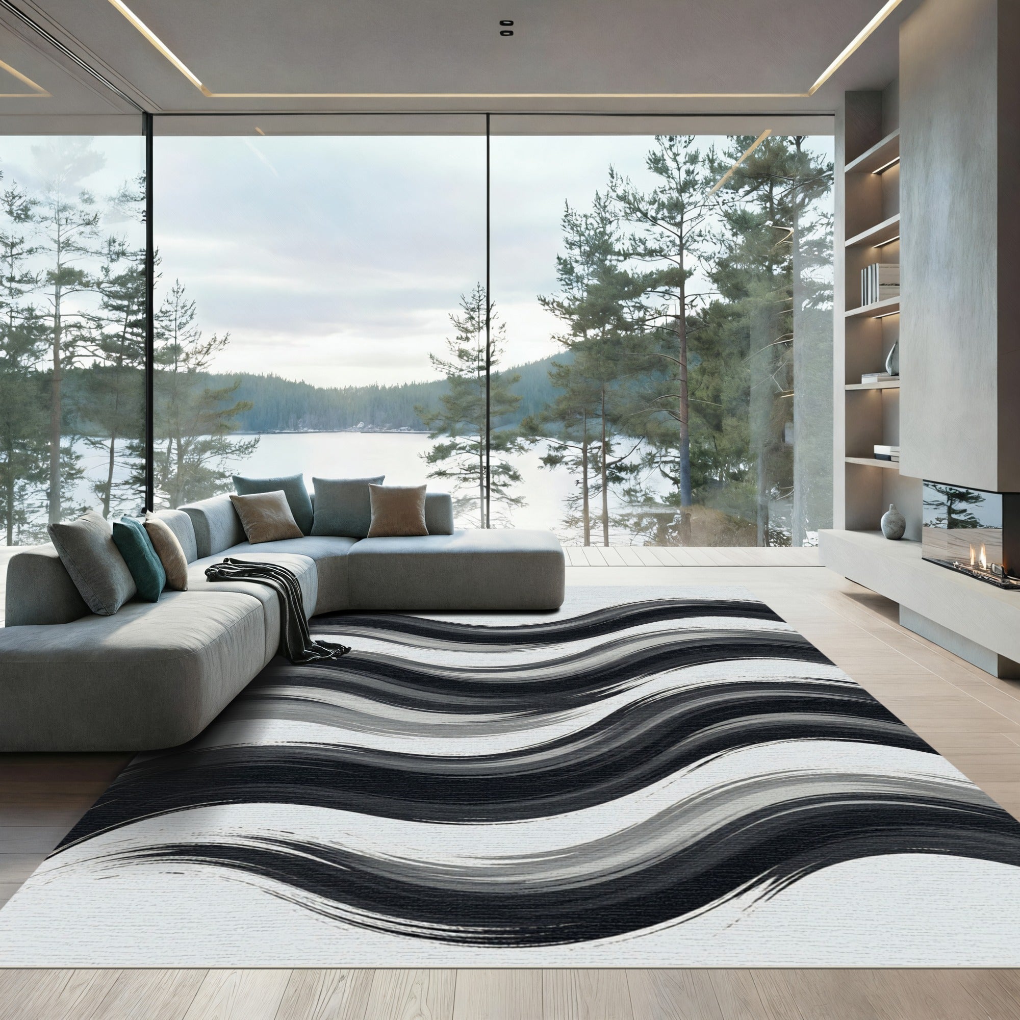 Contemporary Monochrome Abstract Wavy Stripe Rug