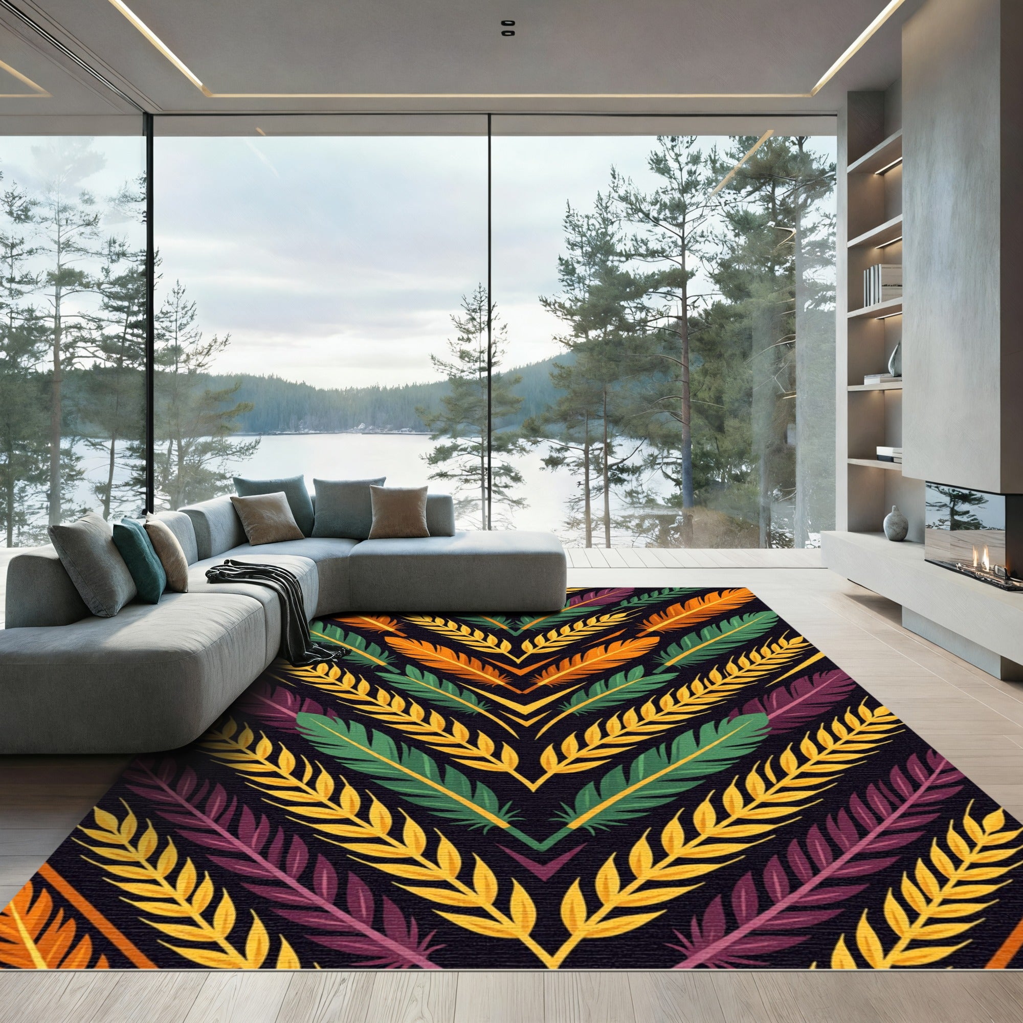 Vibrant Feathered Plume Geometric Chevron Rug