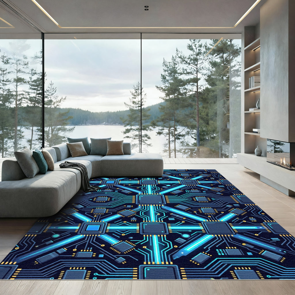 Neon Circuit Board Digital Tech Grid Rug