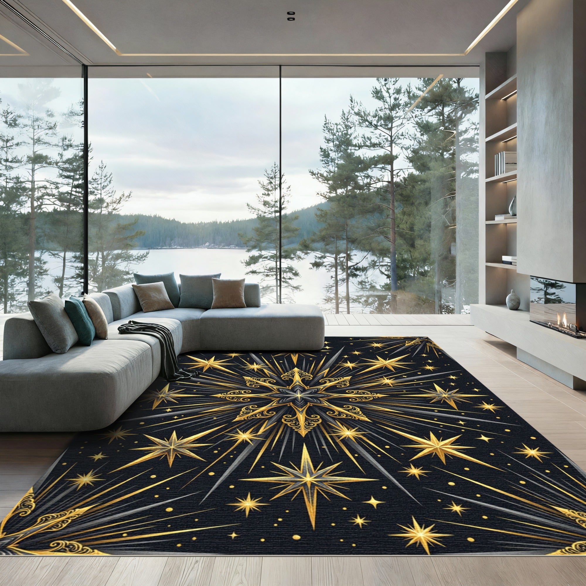 Celestial Gold Starry Night Medallion Rug