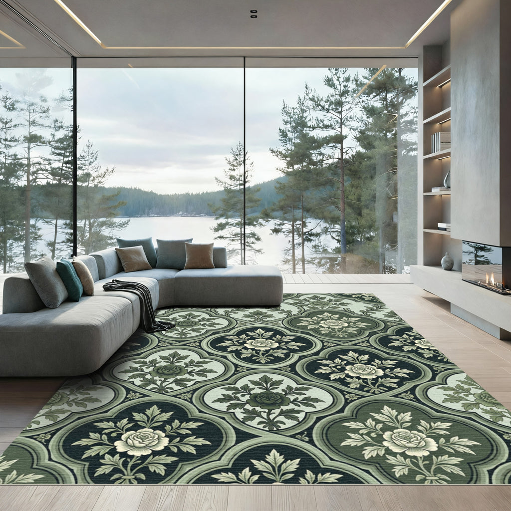 Vintage Green Floral Quatrefoil Rug