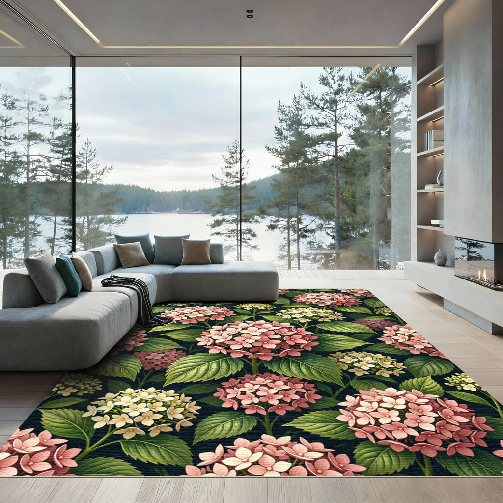 Pink Hydrangea Floral Garden Collage Rug
