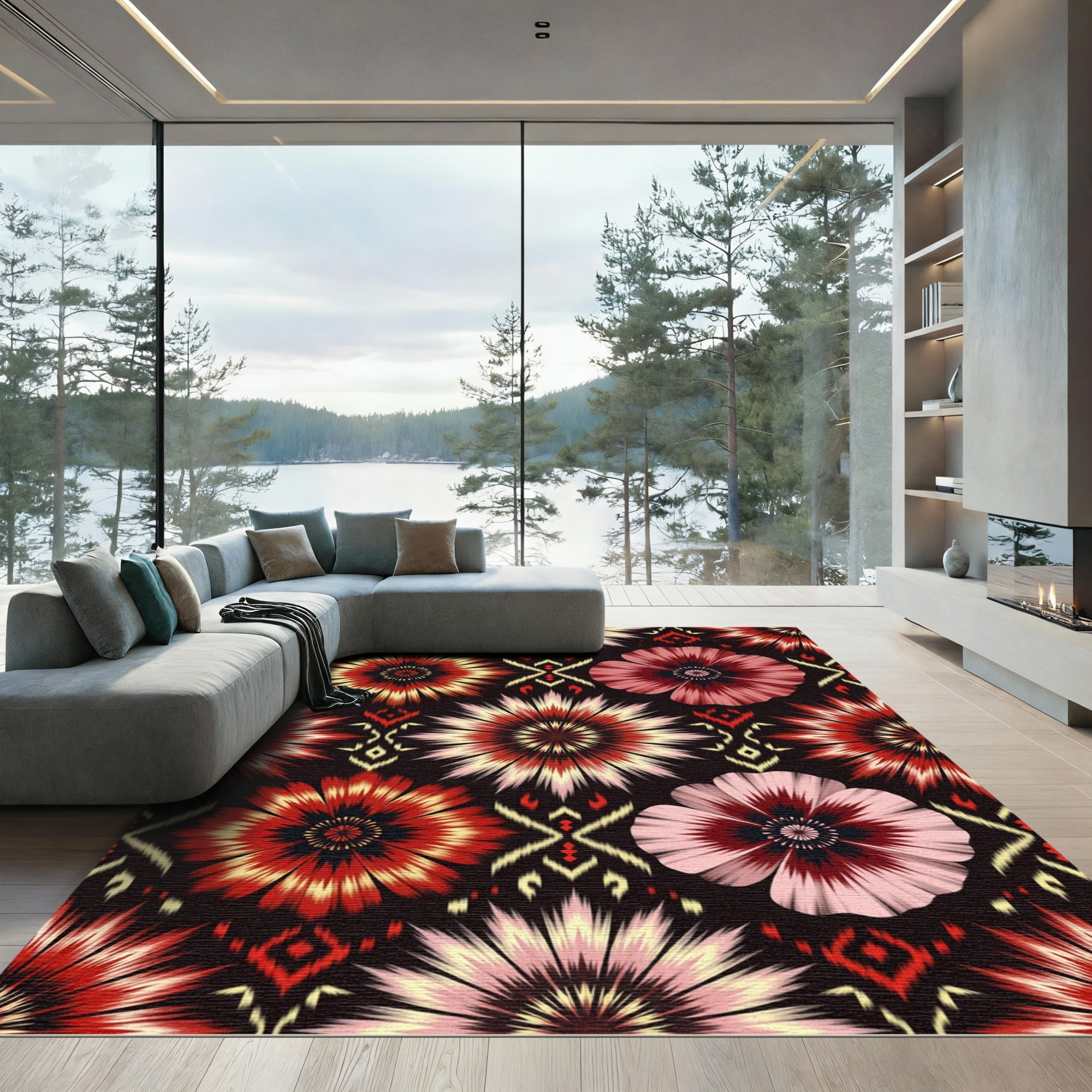 Red Pink Bloom Ikat Floral Rug