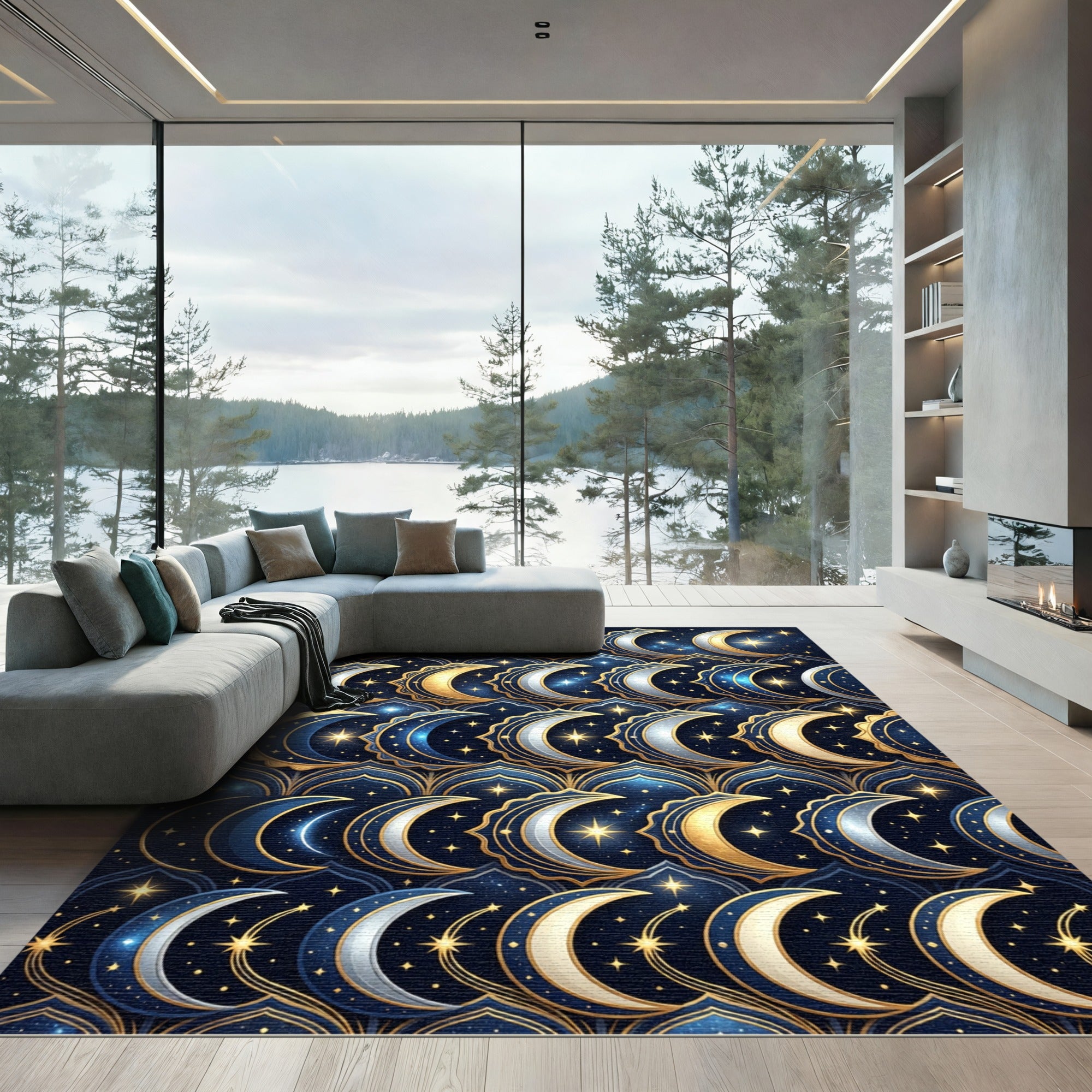 Celestial Golden Crescent Starry Night Rug