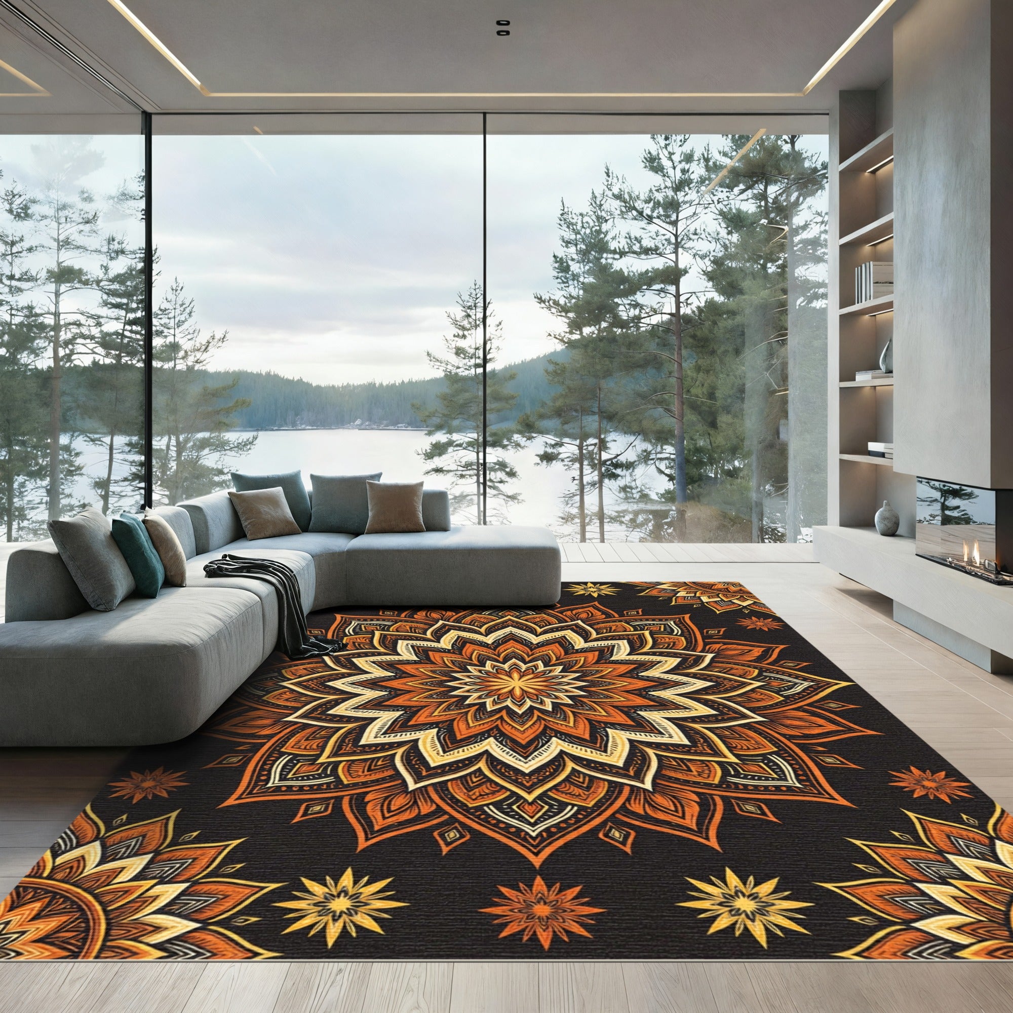 Radiant Amber Golden Floral Medallion Rug