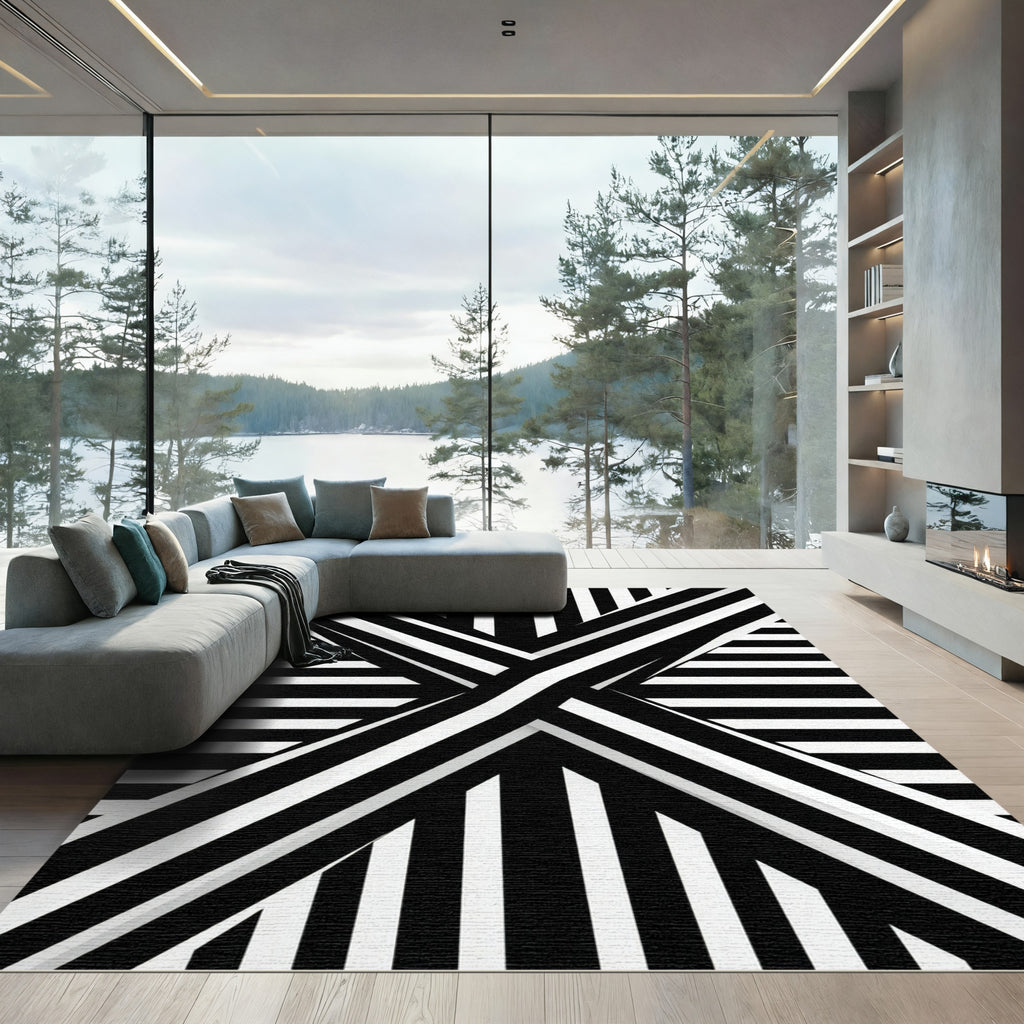 Bold Black White Geometric Stripe Weave Rug