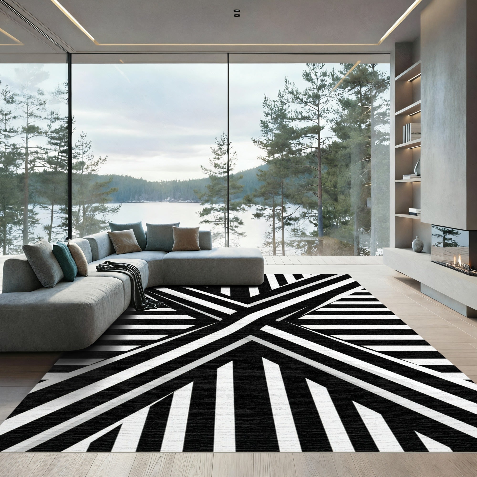 Bold Black White Geometric Stripe Weave Rug
