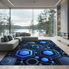 Modern Blue Neon Geometric Hexagon Rug