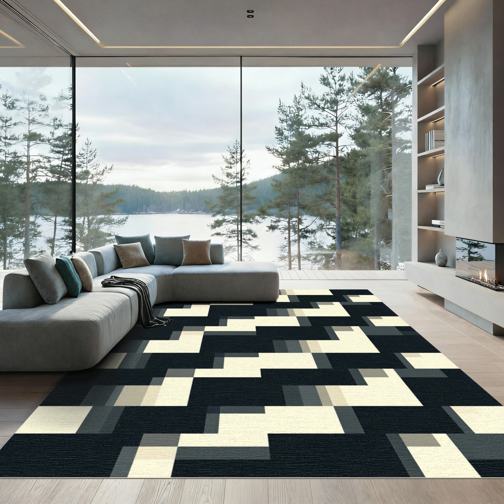Modern Black And Cream Geometric Rug