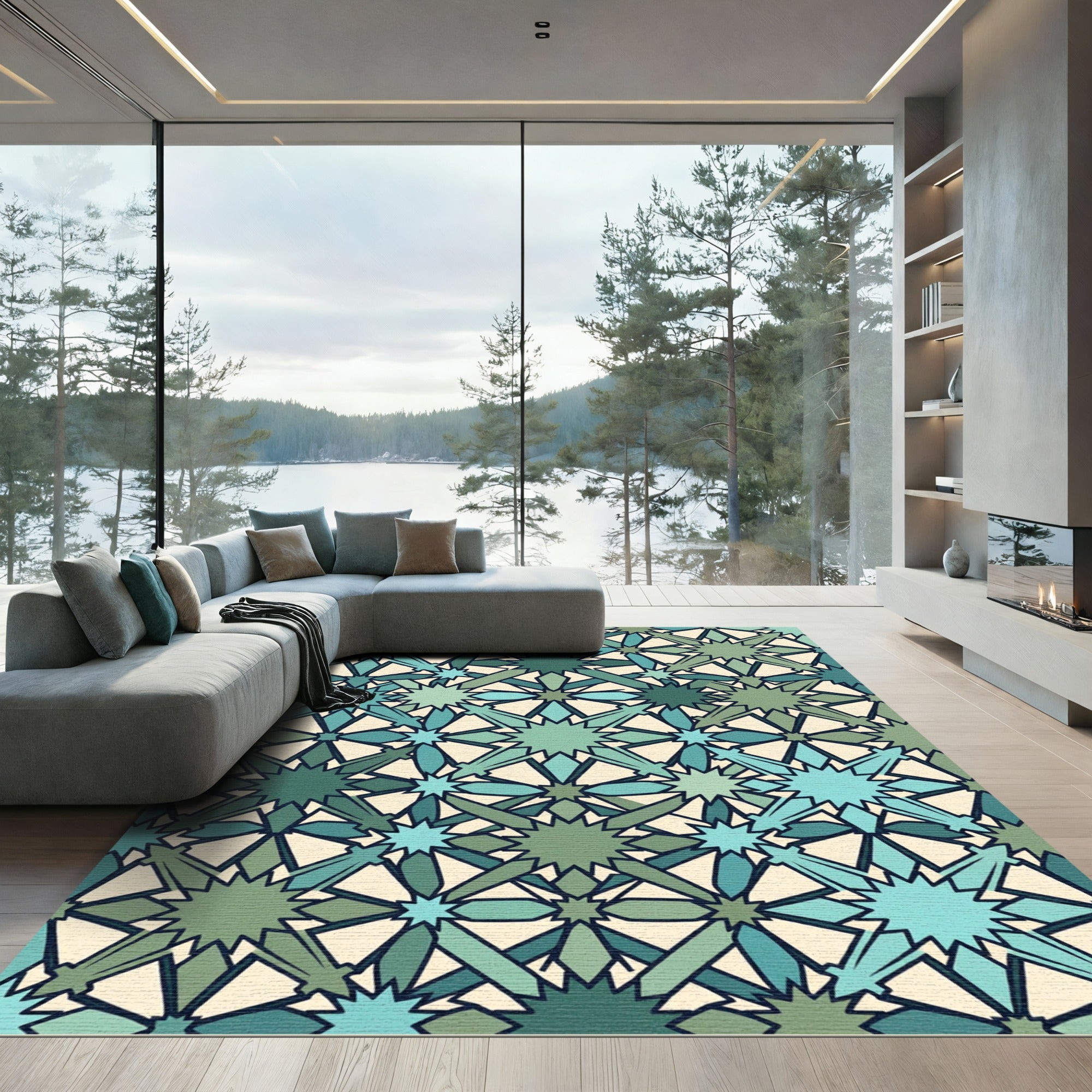 Geometric Teal and Sage Star Mosaic Rug