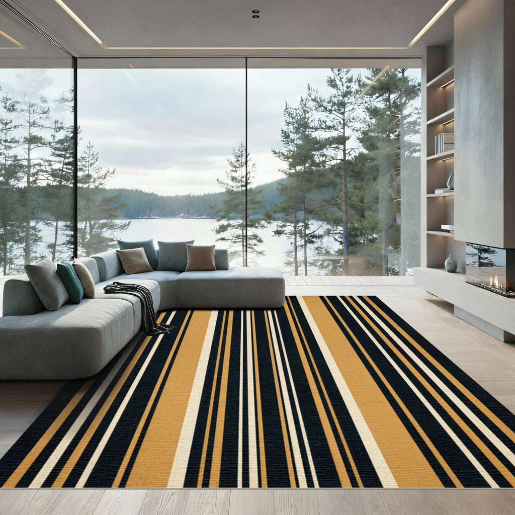 Bold Black Gold White Striped Rug