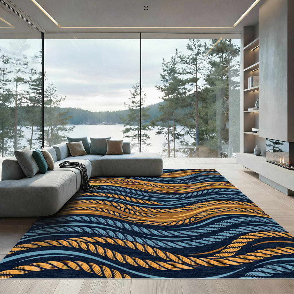 Navy Blue Orange Blue Rope Waves Rug
