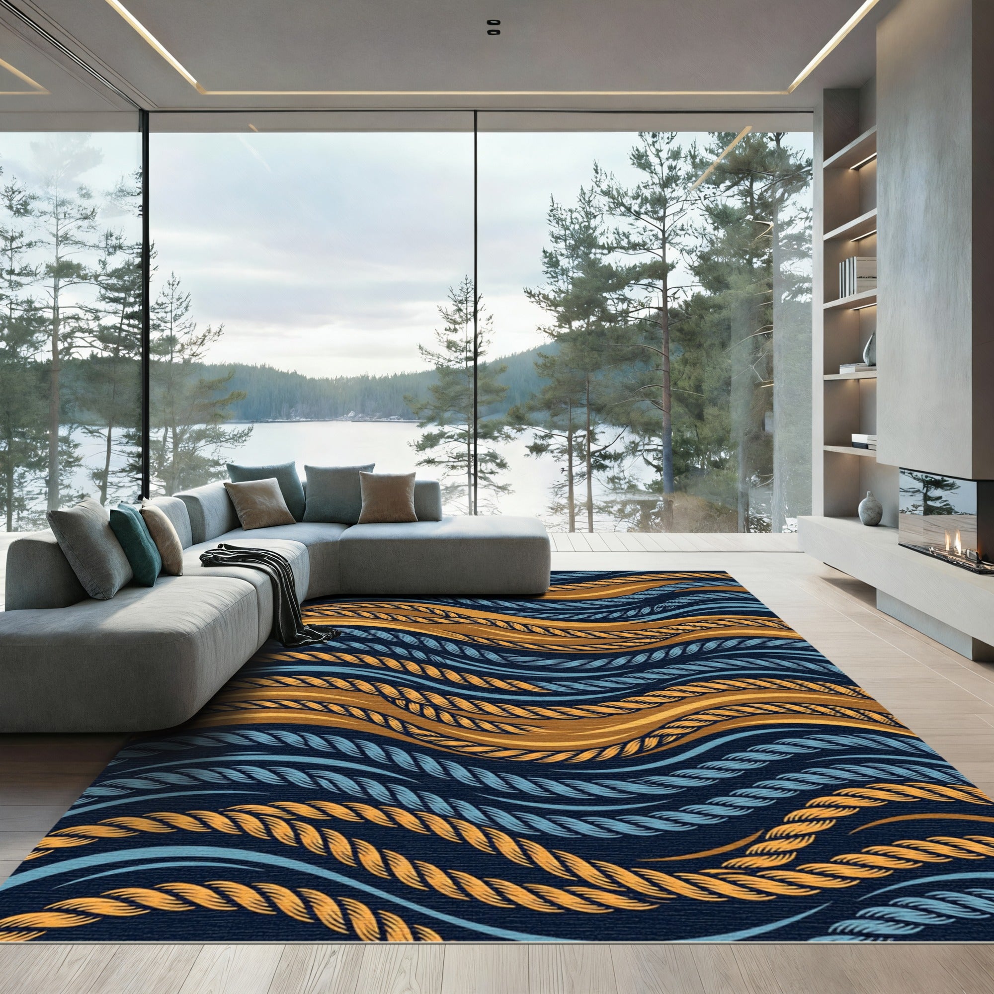 Navy Blue Orange Blue Rope Waves Rug