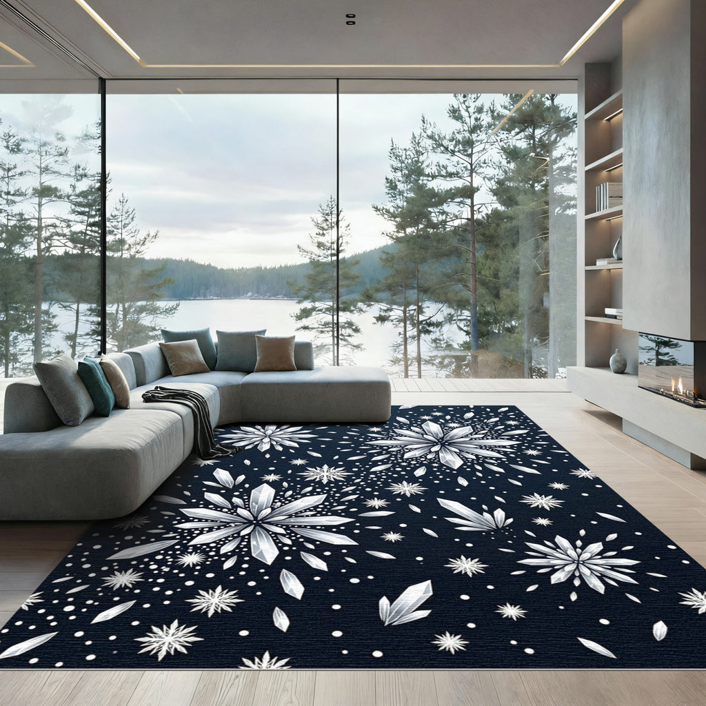 Midnight Silver Shimmering Crystal Snowflake Rug