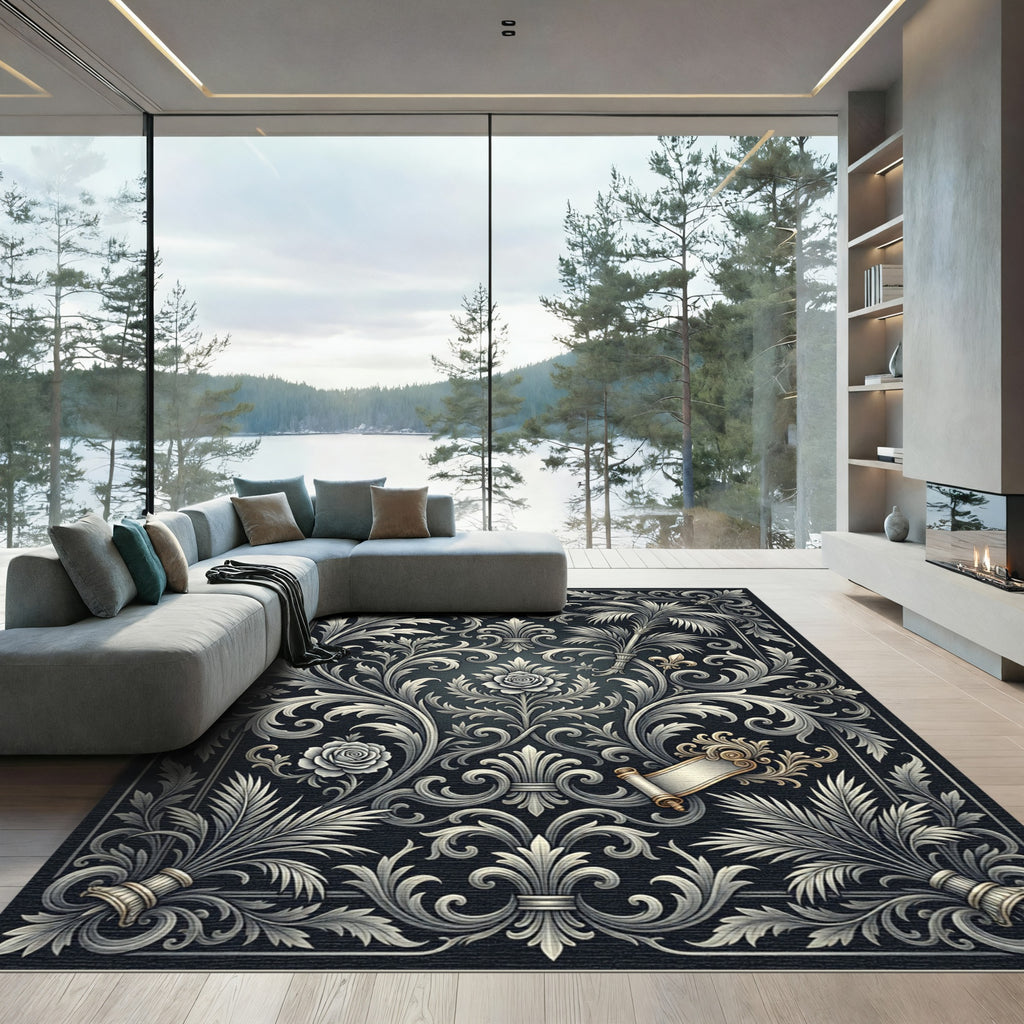 Ornate Grey Floral Scrollwork Rug