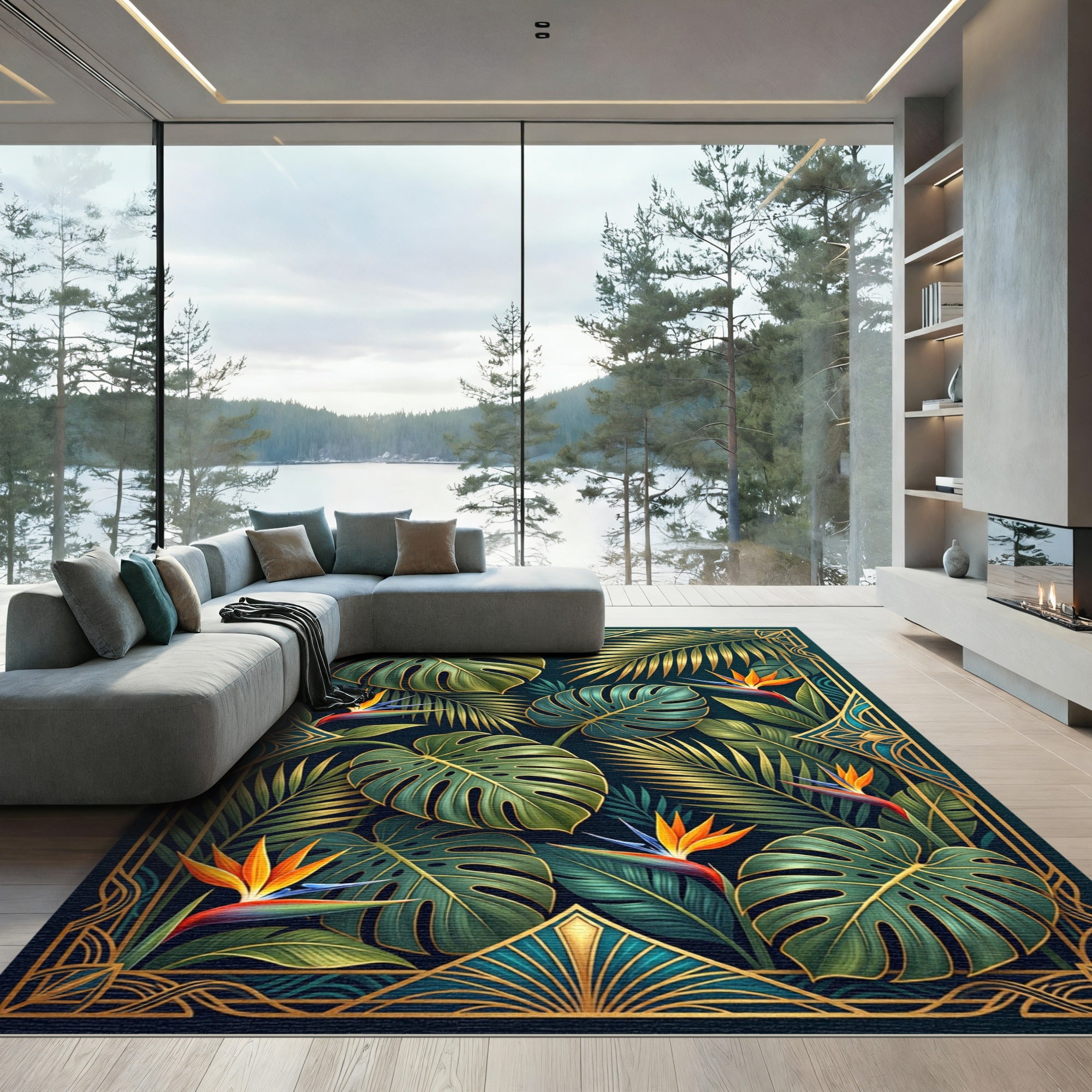 Lush Gold Tropical Monstera Bird-of-Paradise Rug