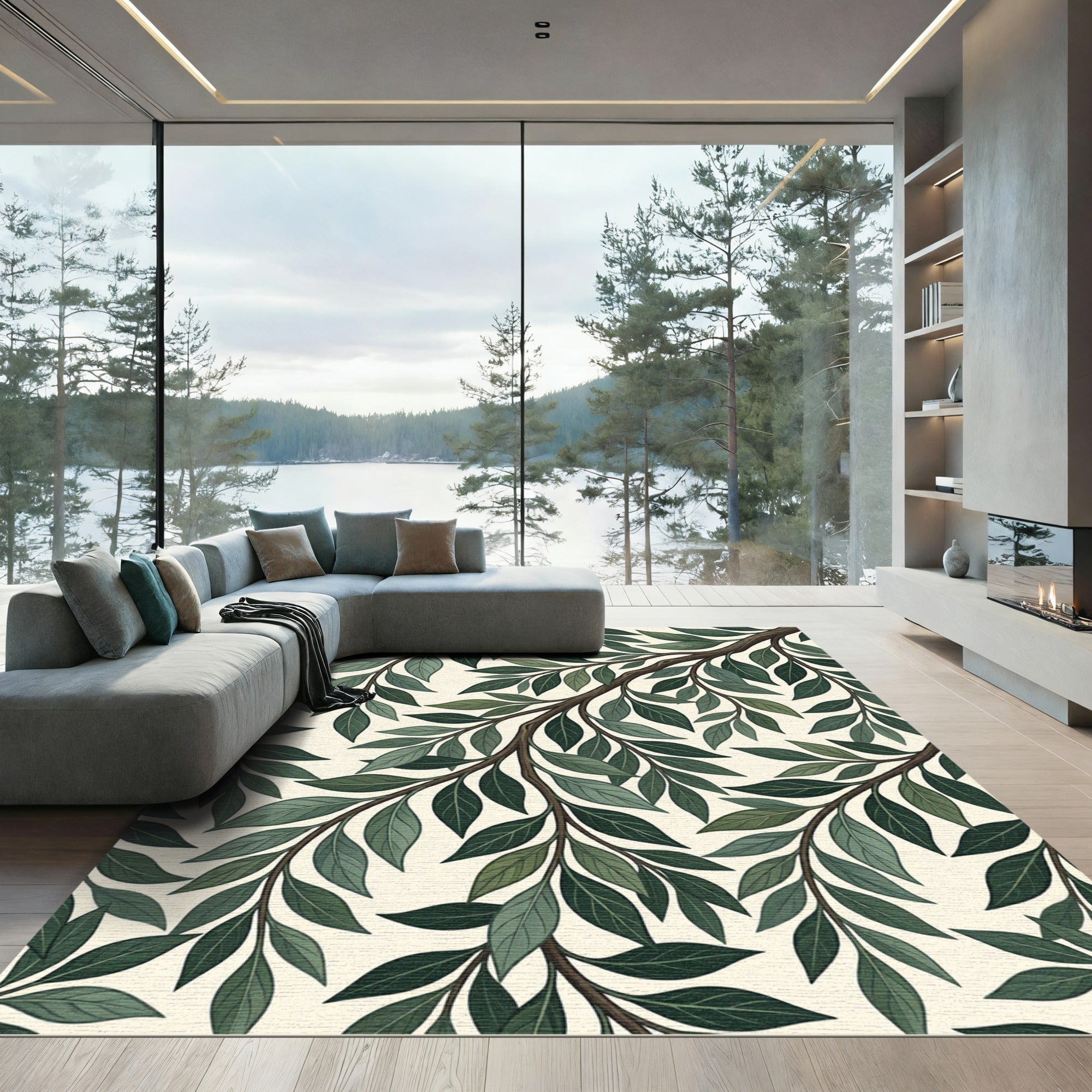 Deep Green Leafy Branch Collection Rug