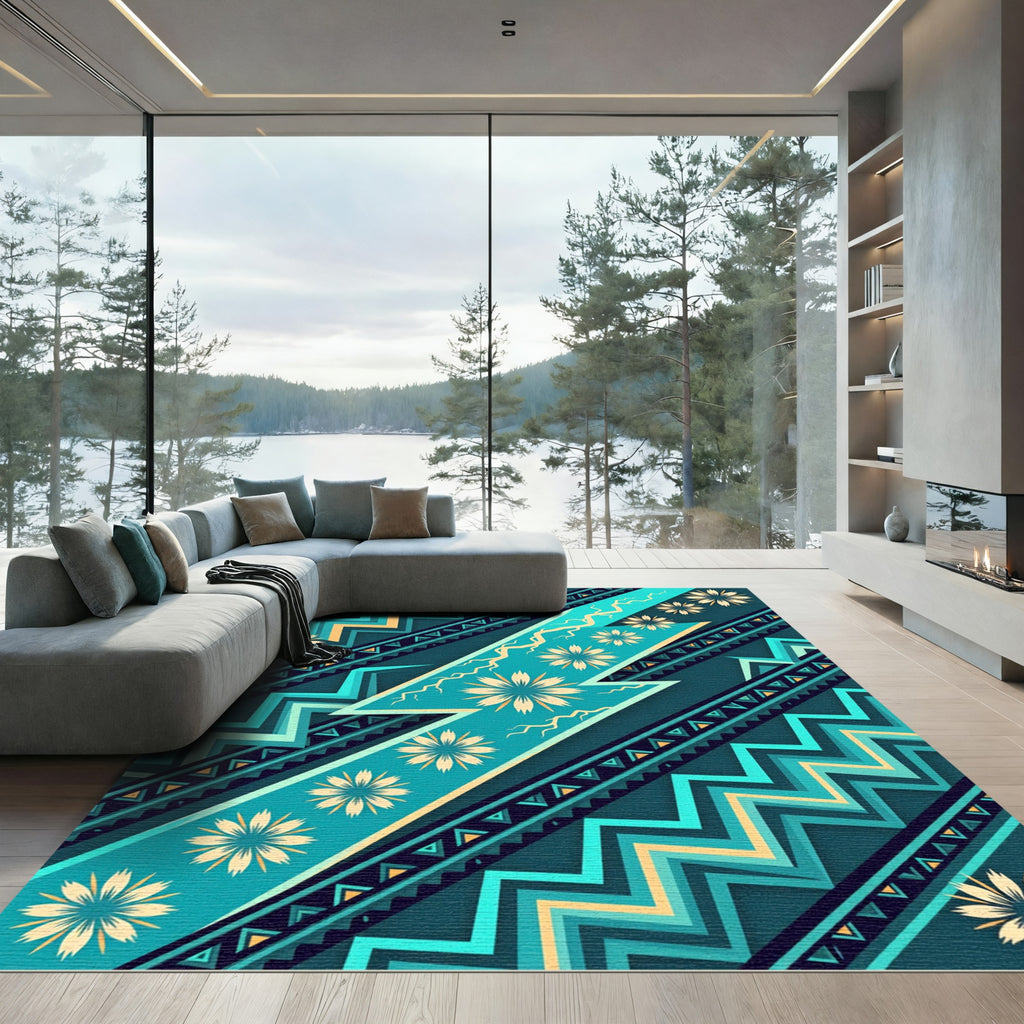 Teal Sunburst Tribal ZigZag Rug