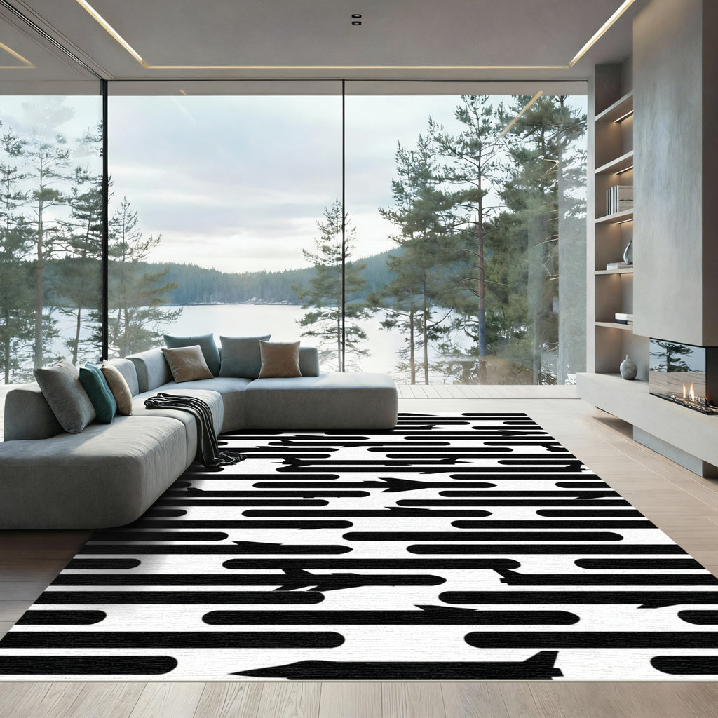 Monochrome Jet Aircraft Silhouette Striped Rug