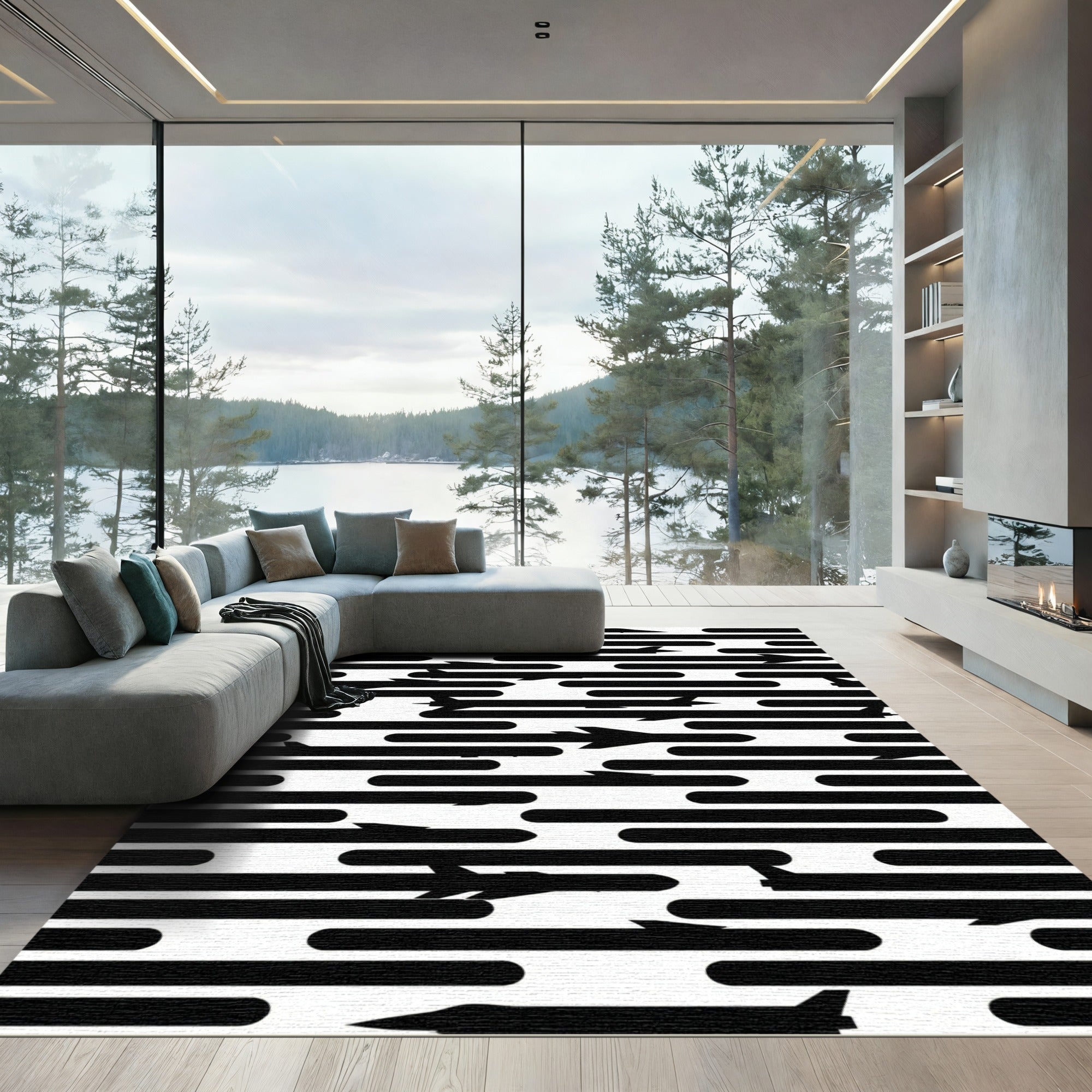 Monochrome Jet Aircraft Silhouette Striped Rug