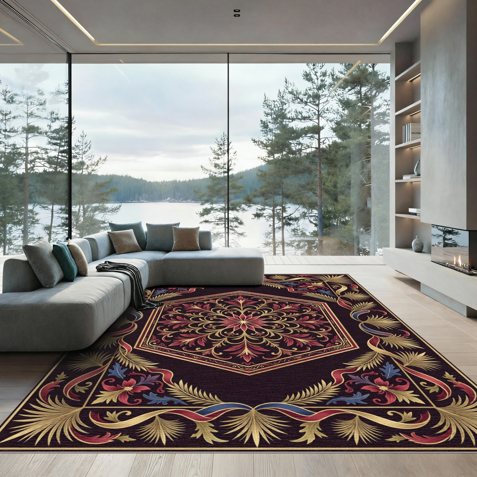 Ornate Hexagonal Crimson Gold Floral Medallion Rug