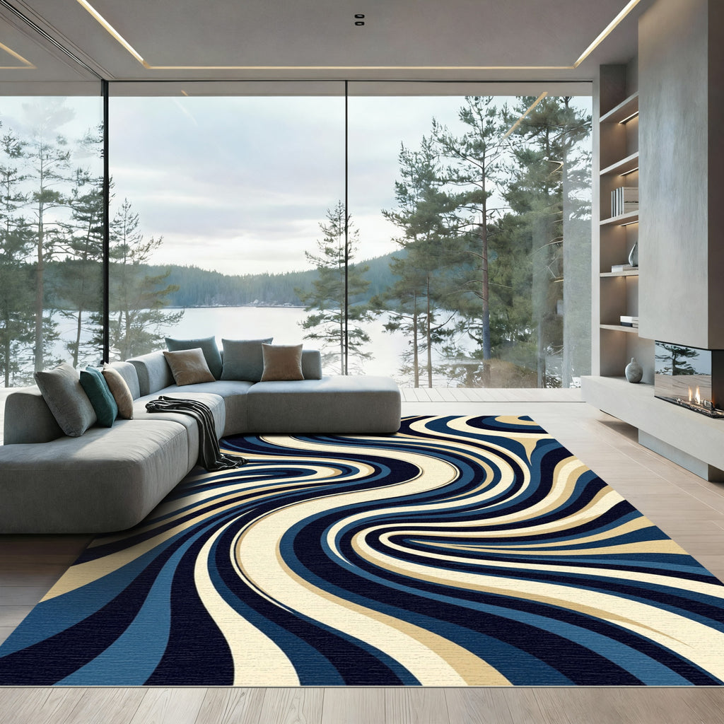 Abstract Navy and Cream Flowing Swirls Rug