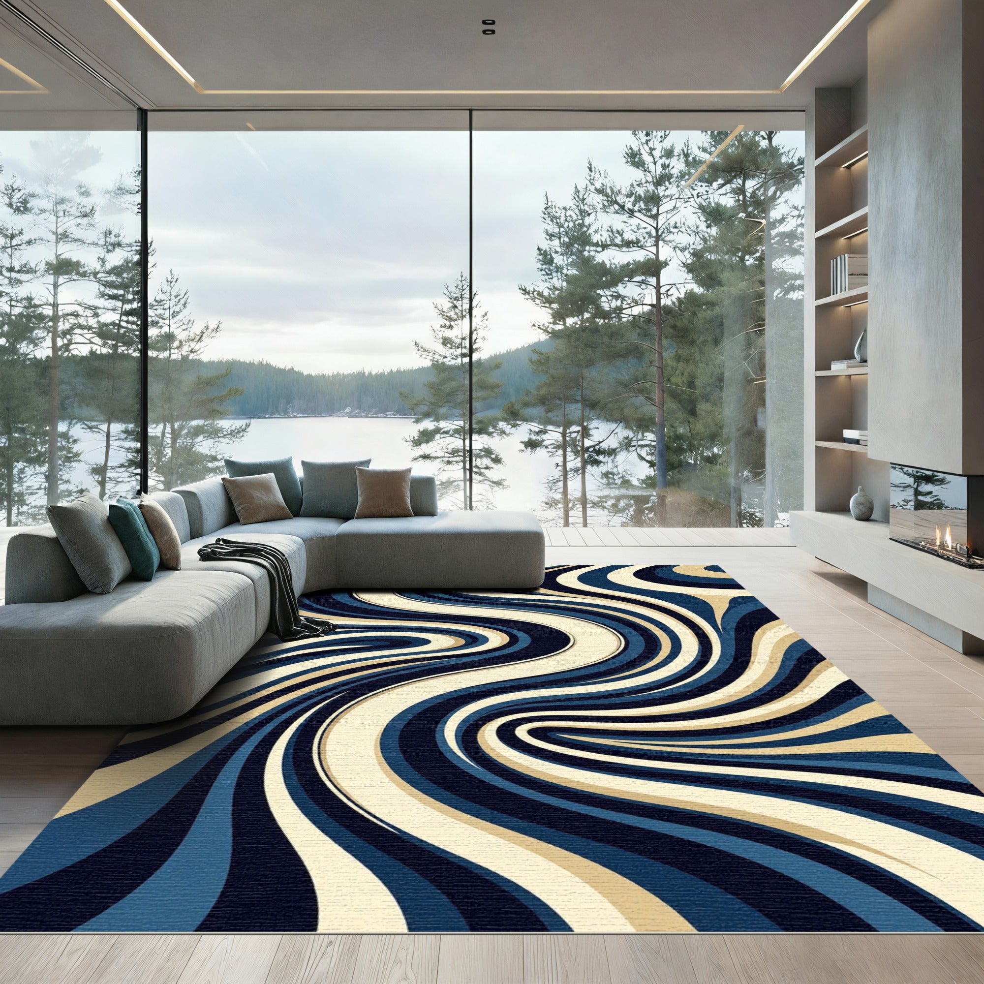 Abstract Navy and Cream Flowing Swirls Rug