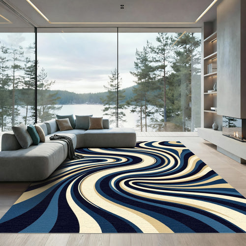 Abstract Navy and Cream Flowing Swirls Rug