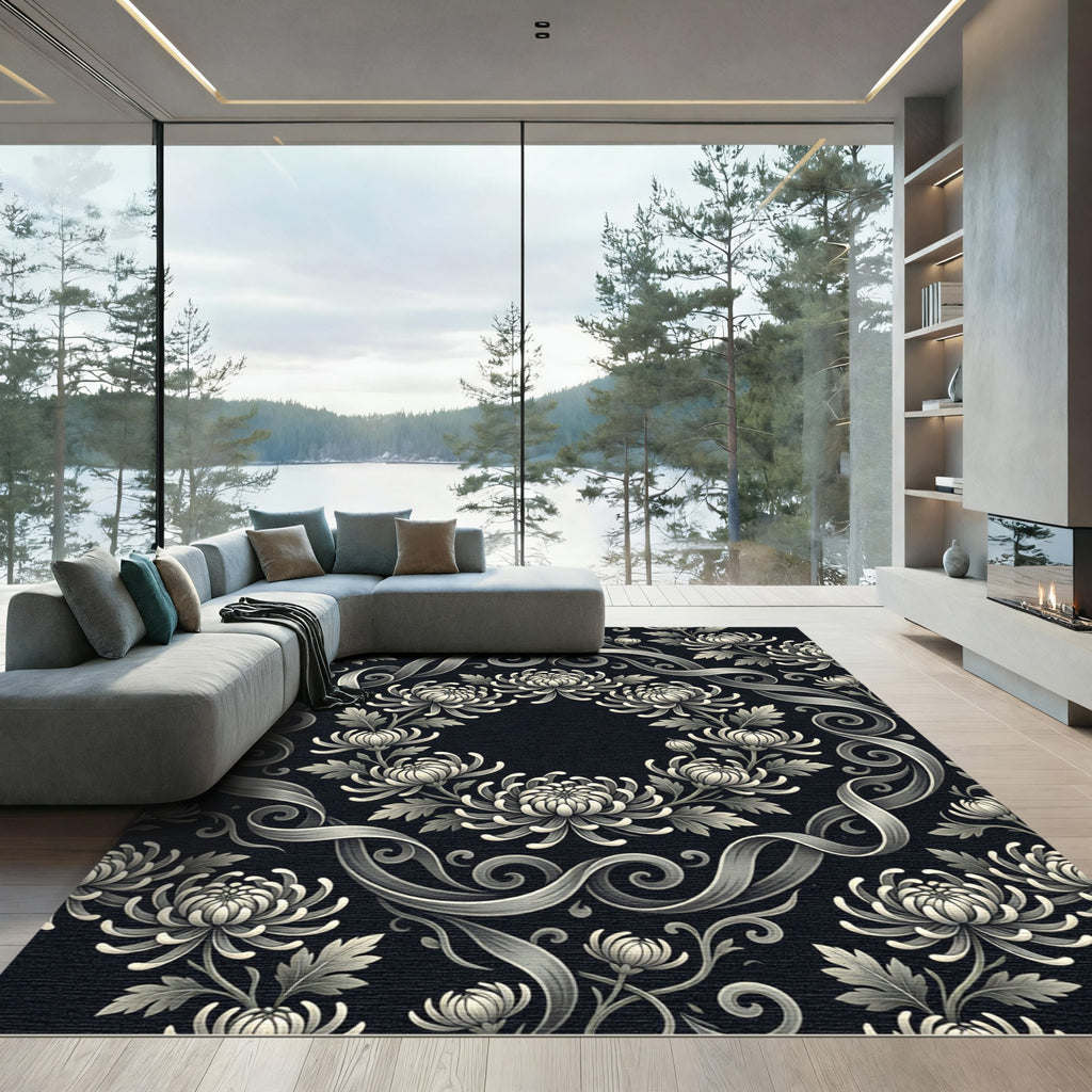 Monochrome Floral Scrollwork Chrysanthemum Rug