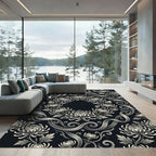 Monochrome Floral Scrollwork Chrysanthemum Rug