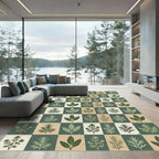 Earthy Green Botanical Checkerboard Rug