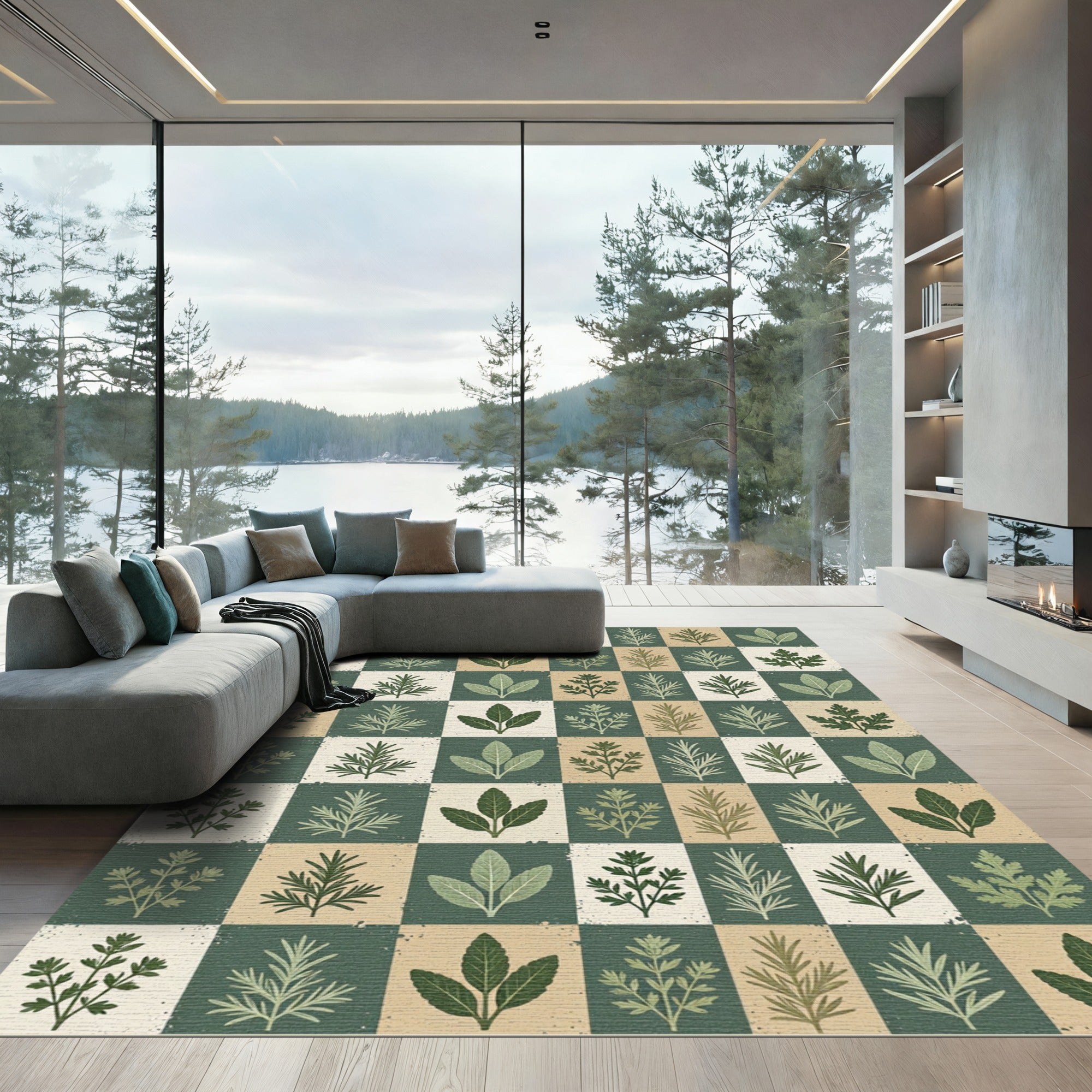 Earthy Green Botanical Checkerboard Rug