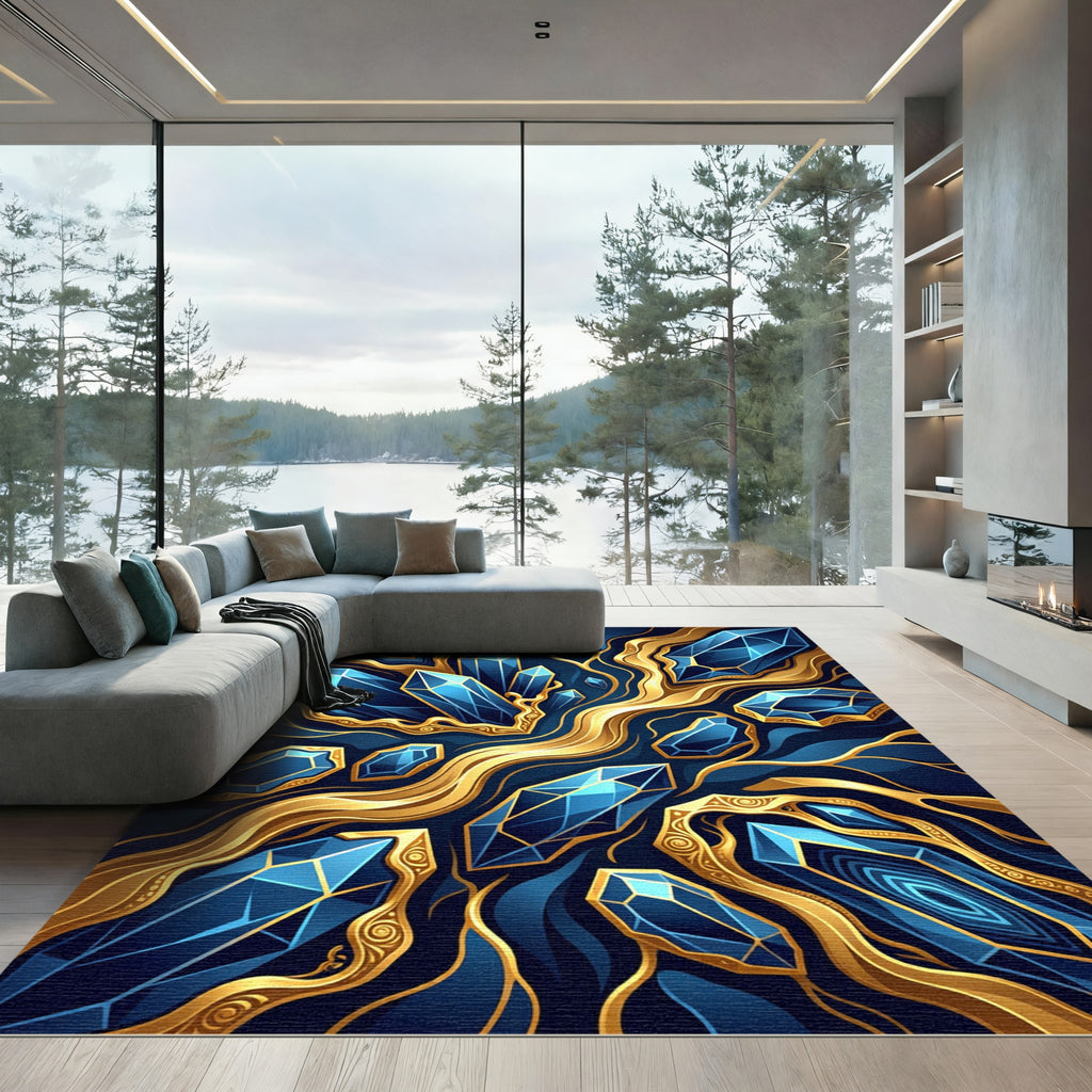 Elegant Sapphire Crystal Golden Vein Art Rug