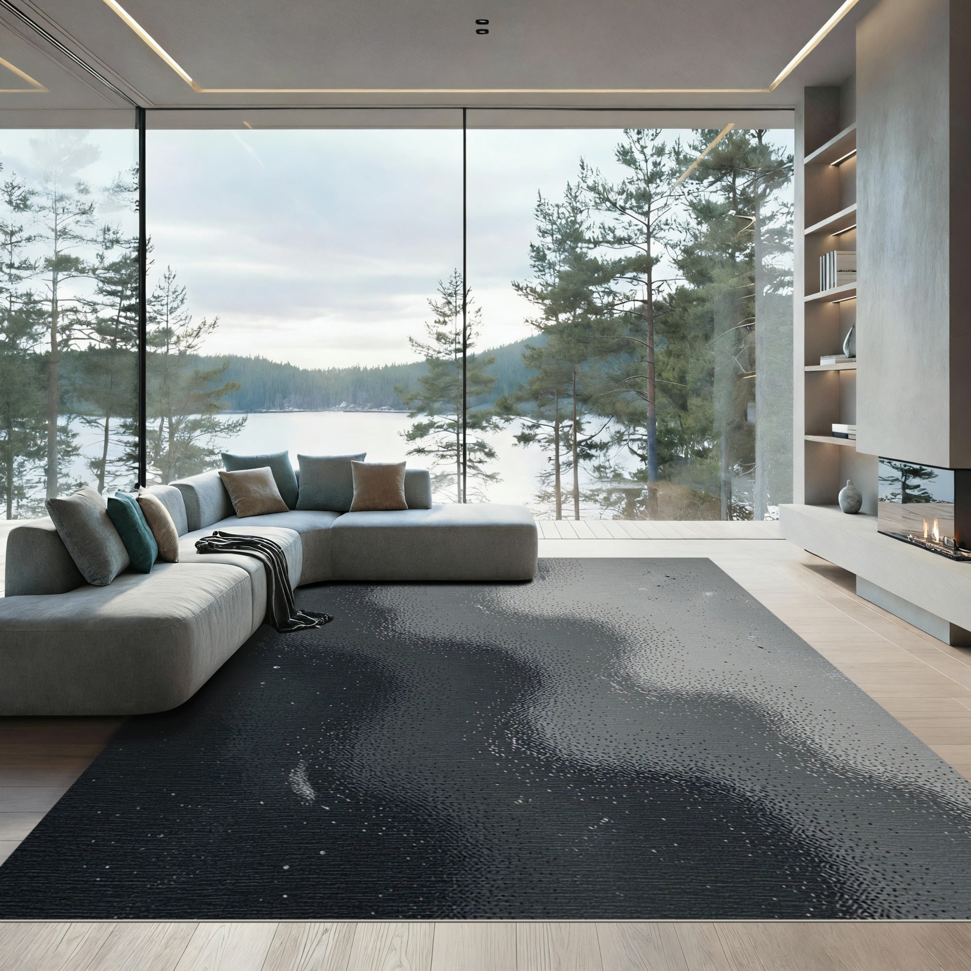 Modern Dark Monochrome Abstract Flow Rug
