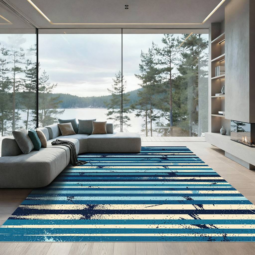 Deep Blue Striped Brushstroke Splash Rug