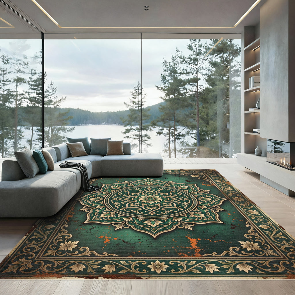 Emerald Green Floral Medallion Aged Rug