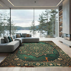 Emerald Green Floral Medallion Aged Rug