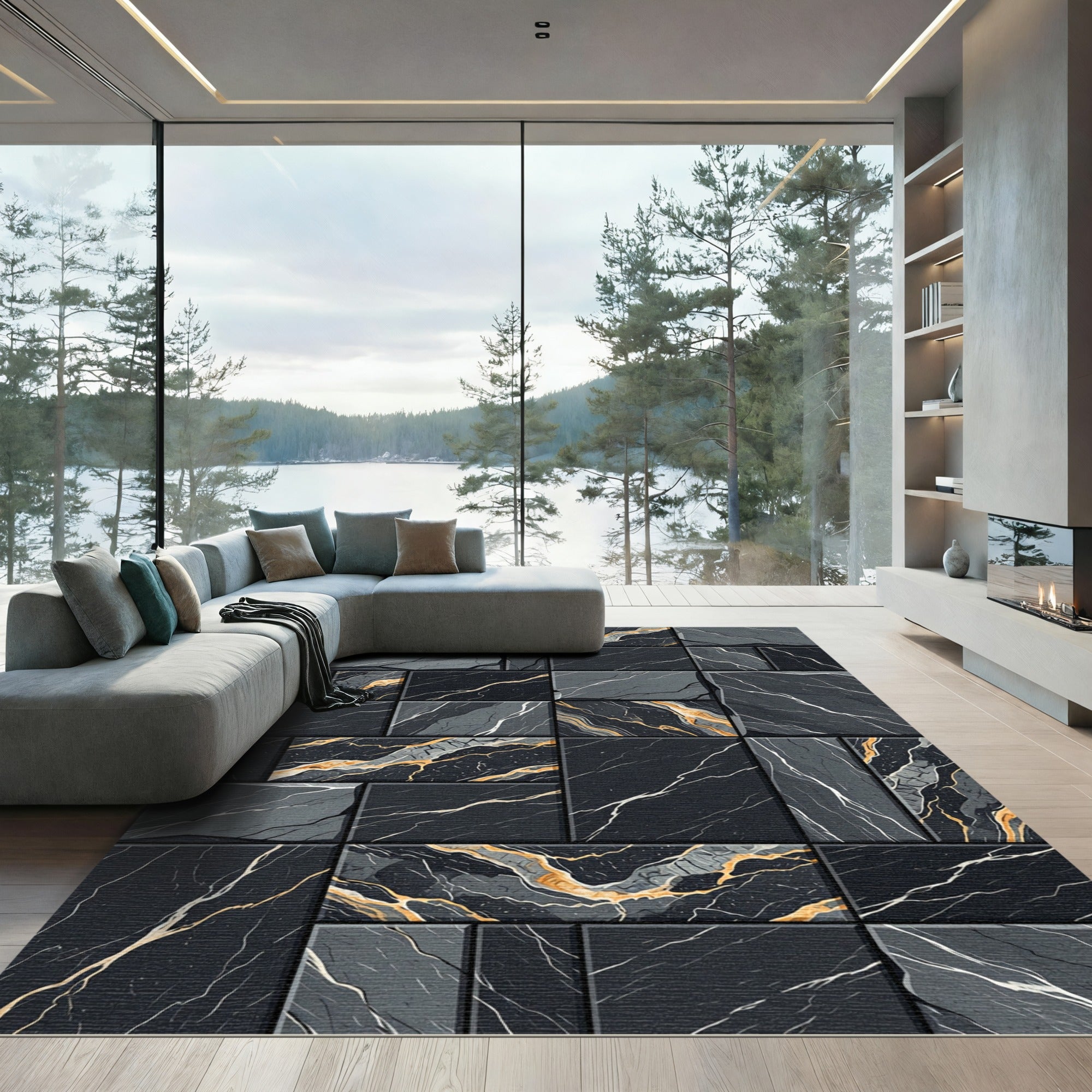 Black Gold Veined Stone Rectangles Rug