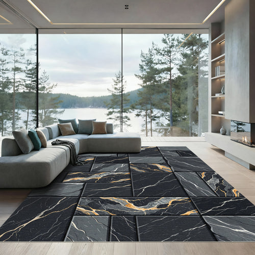 Black Gold Veined Stone Rectangles Rug