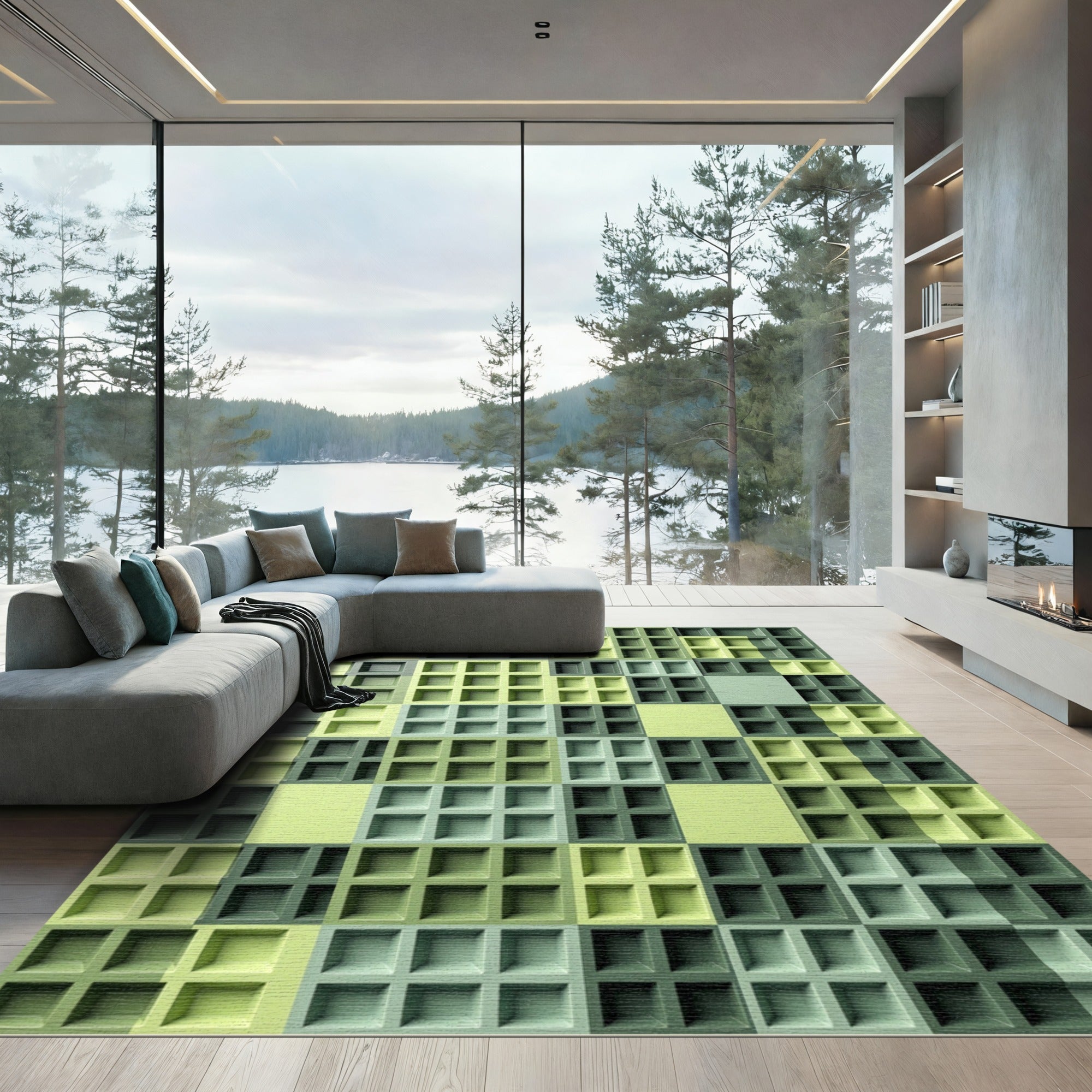 Modern Sage Geometric Grid Tile Rug